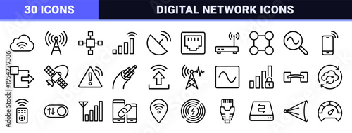 Ultra-minimalist monoline wireless signal and connectivity symbols for professional interface design and digital networking applications.