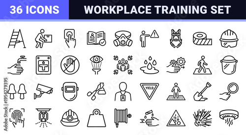 Workplace Safety Training and Compliance Icons in Ultra-Minimalist Monoline Geometric Aesthetic for Industrial HR Portals