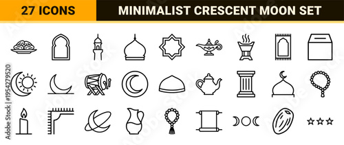 Islamic Celestial Symbols and Ramadan Ornaments Ultra-Minimalist Monoline Icon Set for Spiritual Branding and UI Design