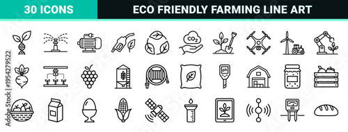 Sustainable Agriculture and Smart Farming Vector Outline Icons for Agritech Apps and Environmental Conservation Database Indexing Designs