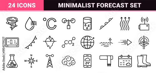 Ultra-minimalist monoline weather forecast icon set featuring geometric line art for meteorology apps and climate monitoring interfaces.