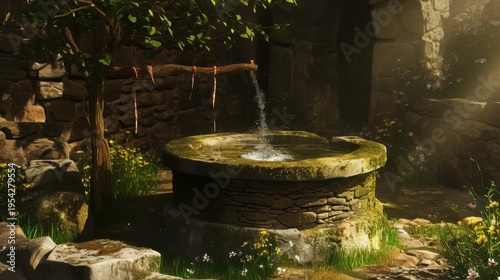 Tranquil Stone Well Surrounded by Nature in Sunlit Garden Setting