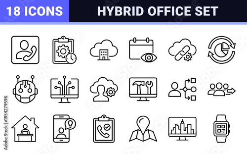 Remote Work and Hybrid Office Management Essentials: Ultra-Minimalist Geometric Monoline Icon Set for Digital Collaboration and Workflow.
