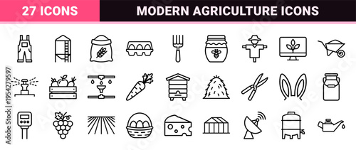 Smart Agriculture and Modern Farming Ultra-Minimalist Monoline Icon Set featuring Sustainable Technology and Livestock Management Symbols