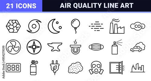 Atmospheric Weather and Air Quality Monitoring Icons featuring Ultra-Minimalist Monoline Geometric Line Art for Meteorological Apps