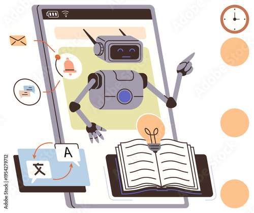Language learning, AI education, digital transformation, multilingual communication, automation, online tools. A robot on a phone screen with language and notification icons. Language learning and AI
