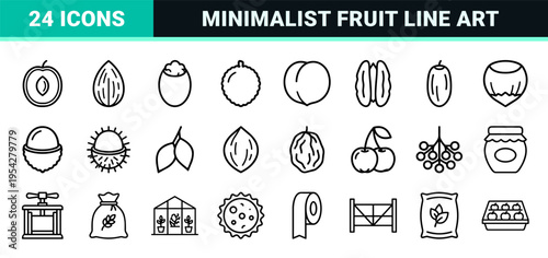 Stone Fruit and Orchard Agriculture Monoline Icon Set featuring Plum, Cherry, and Farming Tools in Ultra-Minimalist Geometric Line Art Style.