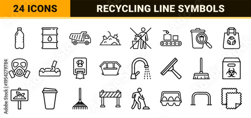 Waste Management and Environmental Compliance Icons Featuring Ultra-Minimalist Geometric Outlines for Professional Sanitation and Eco Signage