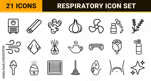 Olfactory and Respiratory Health Minimalist Monoline Icon Set for Medical Diagnosis, Allergy Relief, and Professional Aroma Therapy Applications.