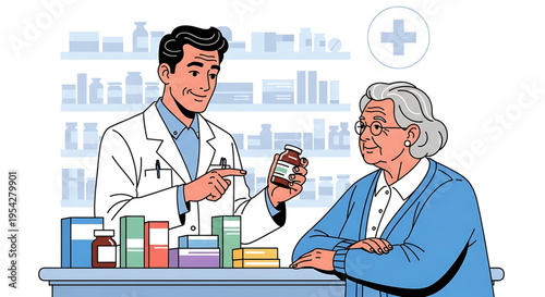 A pharmacist discussing medication with a senior woman at a pharmacy counter
