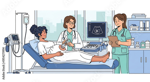 A pregnant woman undergoes an ultrasound examination with her doctor and nurse in a modern hospital room