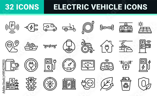 Ultra-Minimalist EV Charging and Urban Mobility Icon Set, Geometric Monoline Symbols for Sustainable Transportation and Electric Vehicle Infrastructure