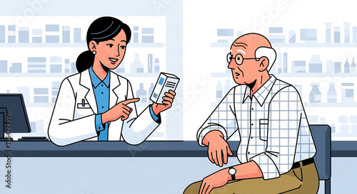 A pharmacist discussing medication with a senior citizen at a pharmacy counter