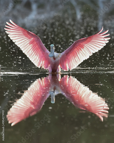 Gorgeous Roseate Spoonbill Landing in Calm Water Reflection Florida Everglades 