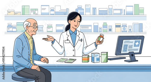 A female pharmacist consulting with an elderly male patient at a pharmacy counter
