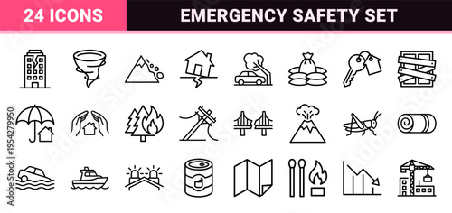 Natural Disaster and Catastrophe Insurance Icon Set featuring Ultra-Minimalist Monoline Symbols for Earthquake, Flood, and Emergency Risk.