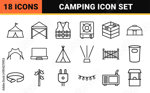 Ultra-Minimalist Outdoor Event and Camping Equipment Icon Set. Geometric Monoline Vector Outline Symbols for Festivals, Tents, and Hiking.