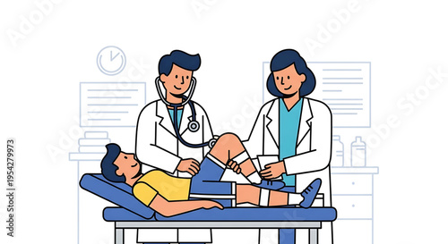 Medical professionals attending to a patient in a modern hospital setting with a doctor and nurse providing care