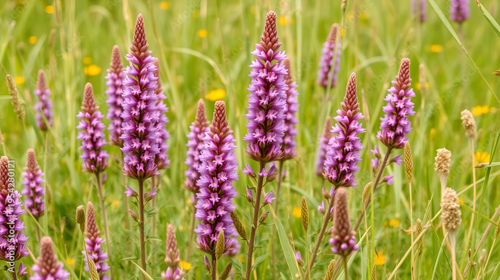 Obraz premium wildly blooming calluna vulgaris settled in an uncut meadow the flowering period ranges from late summer to autumn the nodding flowers are in a dense racemose inflorescence with bracts