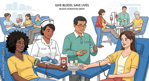 A vector graphic illustration of people donating blood in a medical setting with a nurse and a blood donation drive