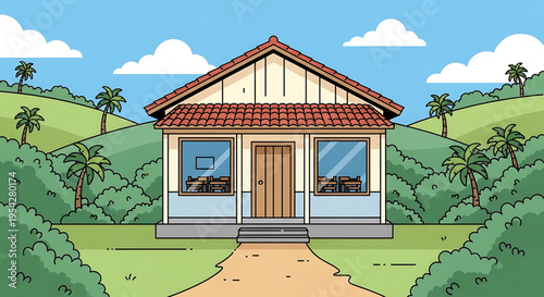 A cartoon-style vector graphic of a cozy house with a red-tiled roof and a serene landscape