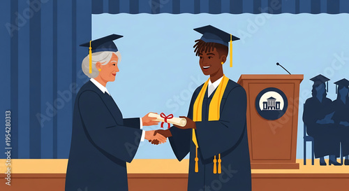 A young man in a graduation gown and cap receiving a diploma from an older adult in a similar outfit on a stage with a podium.
