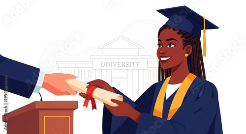 A young woman in a graduation gown and cap receiving a diploma from a university official