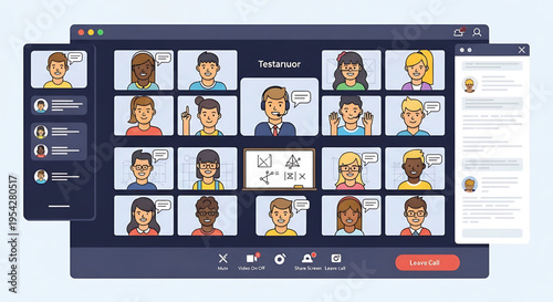 A vector graphic illustration of a video conference call on a computer screen with multiple participants