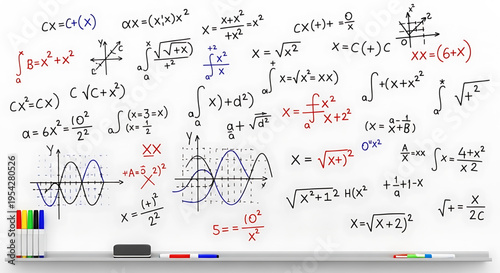 A whiteboard filled with complex mathematical equations and formulas written in colorful markers, representing a challenging problem-solving session in a classroom or study environment.