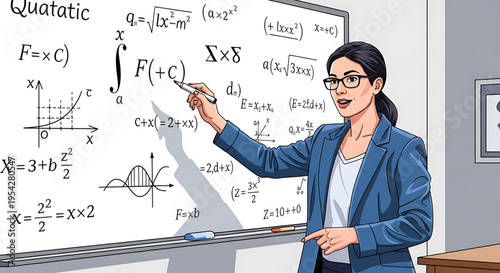 A professional woman explaining complex mathematical equations on a whiteboard in a classroom setting.