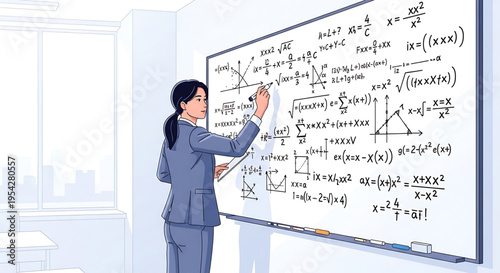A professional woman in a business suit writing complex mathematical equations on a whiteboard in a modern office setting.