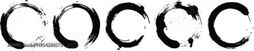 Set of five black brush stroke circles on white background for design elements  isolated shapes for creative projects