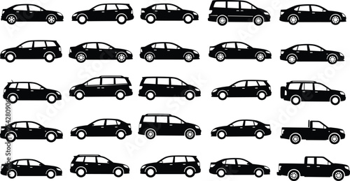 Set of car icons including sedan SUV van and pickup truck minimal vector illustrations for transport and automotive design