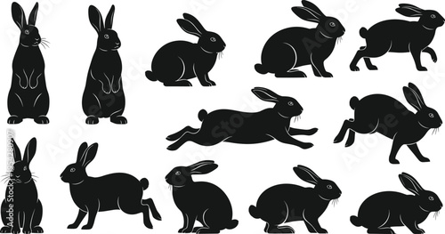Rabbit and hare minimal vector illustration set featuring various jumping running and standing poses for nature and Easter designs