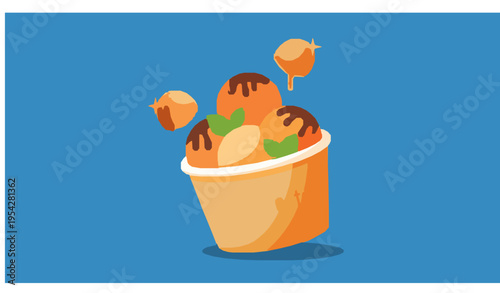 Modern Butterscotch Ice Cream Tub Top View with Mint Leaves Blue Background Vector
