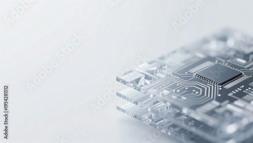 透明なガラス層の基板上に配置されたマイクロチップと緻密な電子回路のクローズアップ画像