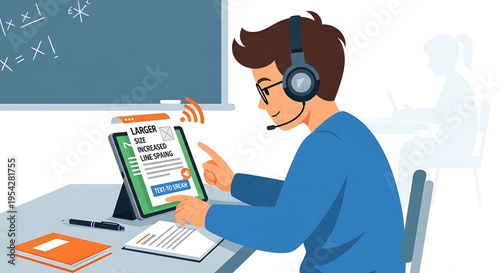 A man wearing a headset sits at a desk with a laptop and tablet, engaged in online language learning.