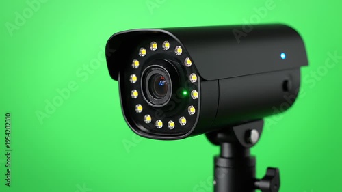 Black security camera on green screen.