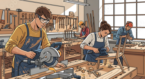 A group of skilled craftsmen and women working together in a well-equipped woodworking workshop
