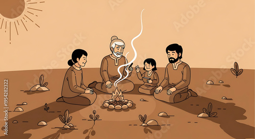 A family gathers around a campfire in a desert landscape with a minimalist vector illustration style