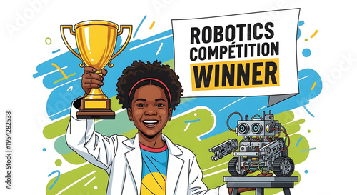 A young girl in a lab coat holds a trophy and stands next to a robot, celebrating her win in a robotics competition
