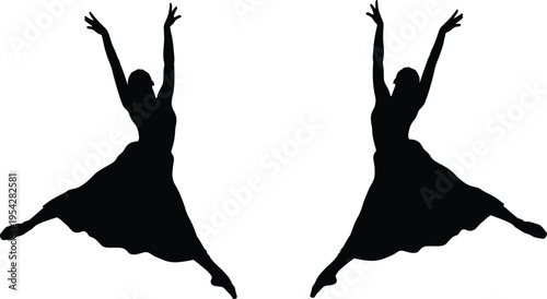 Dancing woman silhouette vector set, graceful female dancer jumping pose, ballet dance performance illustration isolated artistic movement concept
