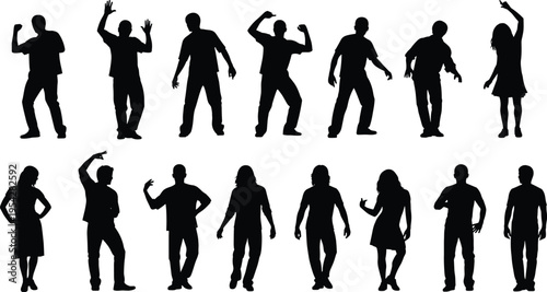 Dancing, people, silhouette, collection, men, women, dynamic, poses, dancers, movement, rhythm, choreography, performance, energy, black, isolated, set, figures, dance, illustration