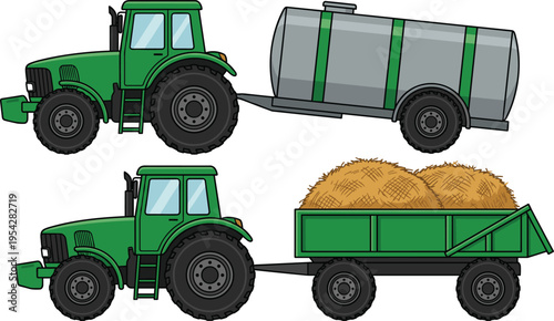 Green farm tractor with tank trailer and hay wagon, agricultural transport machinery, farming equipment vehicle illustration set