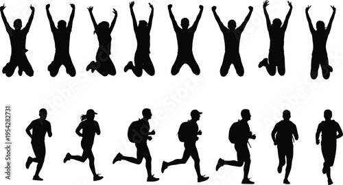Jumping, people, running, silhouettes, active, lifestyle, fitness, movement, energy, sport, runners, jump, celebration, exercise, athletes, isolated, black, figures, illustration, set