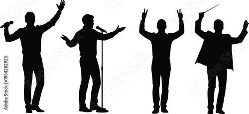 Male singer silhouette set performing with microphone stage performance concert artist music entertainment vector illustration isolated collection