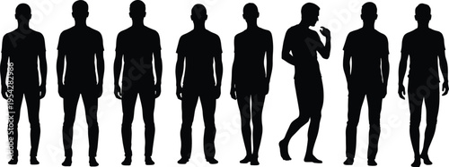 Men and woman standing silhouette set, human figures in casual poses collection, people character vector illustration isolated