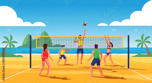 A group of friends playing beach volleyball on a sunny day with a beautiful ocean view