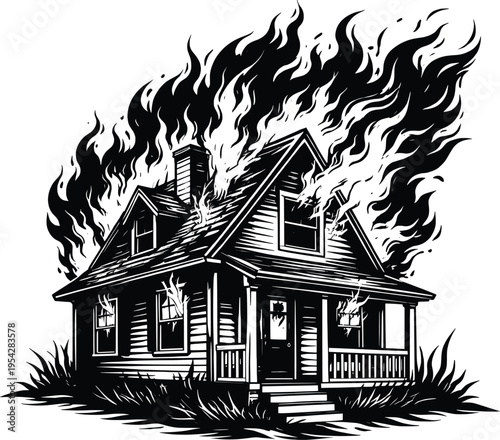 Burning House Fire Disaster Emergency Illustration.