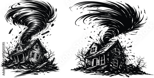 Tornado Storm Destroying House Disaster Illustration.